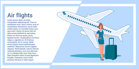 Air flights.A flight attendant with a suitcase in her hands offers to go on a flight and travel against the background of a flying plane .The concept of air travel.Vector illustration.
