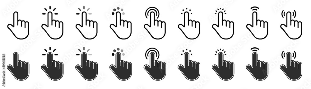 Poster Mouse click cursor set. Hand Cursor. Click icon. Mouse pointer set. Arrow cursor. Pointer click icon. Clicking cursor, pointing hand clicks and waiting loading icons. Website arrows or hand icon.