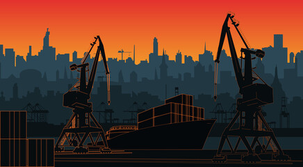 Silhouette commercial port with container ship at the pier and cargo cranes, city skyline on background with sunset. Cityscape and cargo port with cranes. Layers for parallax. - obrazy, fototapety, plakaty