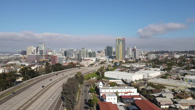 Downtown San Diego CA USA Panorama, Aerial View of Central District, Neighborhoods and Traffic on John J. Montgomery Freeway on Sunny Day, 60fps Drone Shot