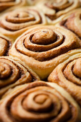 Fototapeta premium Delicious homemade freshly baked cinnamon buns. Traditional American dessert. Close-up.Vertical photo. Selective focus.