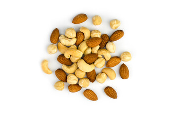Mix of nuts isolated on white background. Top view. Close-up.
