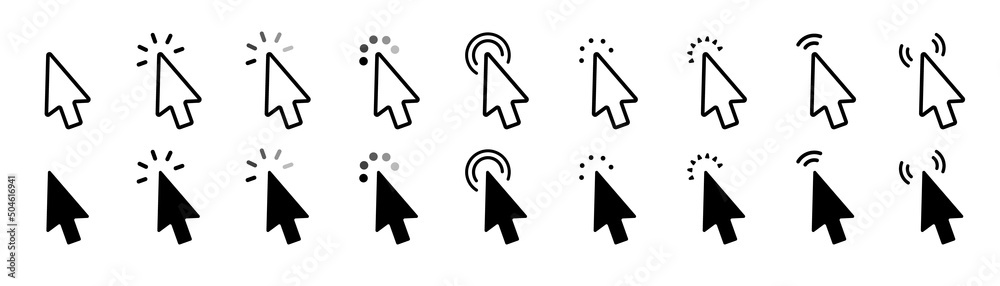 Poster Mouse click cursor set. Hand Cursor. Click icon. Mouse pointer set. Arrow cursor. Pointer click icon. Clicking cursor, pointing hand clicks and waiting loading icons. Website arrows or hand icon.