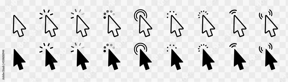 Poster Mouse click cursor set. Hand Cursor. Click icon. Mouse pointer set. Arrow cursor. Pointer click icon. Clicking cursor, pointing hand clicks and waiting loading icons. Website arrows or hand icon.
