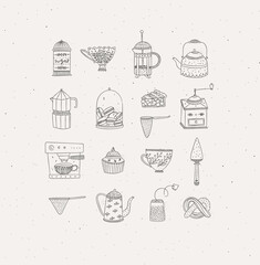 Set of kitchen equipment icon drawing in handmade graphic primitive casual style on grey background.