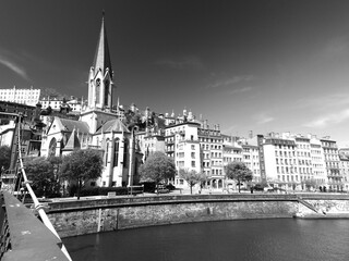 Lyon, France - April 16, 2022 : Discovering the city of Lyon thanks to the bridge over the rivers