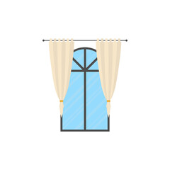 Panoramic window with curtain. Isolated Cartoon style.