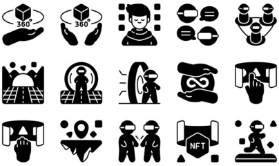 Set of Vector Icons Related to Metaverse. Contains such Icons as Communityd, Avatar, Community, Cyberspace, Infinity, Interaction and more.
