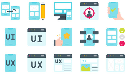 Set of Vector Icons Related to UX And UI. Contains such Icons as Navigation, Prototype, Test, Ui, Ux, Web Design and more.
