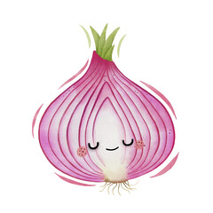 Watercolor cute red onion cartoon character. Vector illustration.