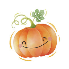 Watercolor cute pumpkin cartoon character. Vector illustration.