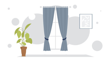 Living room with curtains and ornamental plant. Interior. Cartoon style.