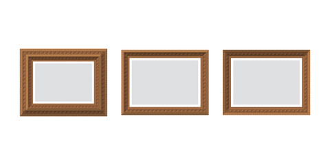 Set of empty brown wooden frames. Isolated. Flat style.
