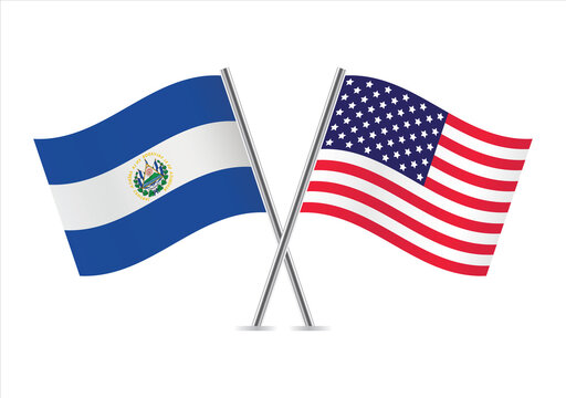 El Salvador and America crossed flags. Salvadoran and American flags on white background. Vector icon set. Vector illustration.