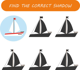 Find the silhouette of the boat. Find the correct shadow. Educational game for children.