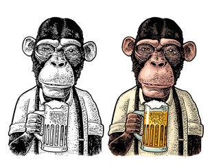 Monkey dressed apron hold beer glass. Vintage black engraving