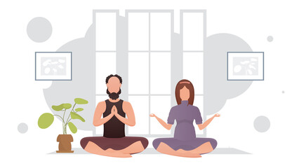 The guy and the girl are sitting in the lotus position in the room. Yoga. Cartoon style.