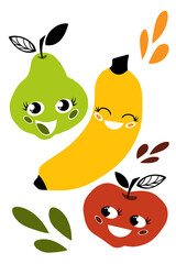 Cute and funny cartoon characters: banana, apple and pear with smiles. Kawaii fruits in a flat style. Modern design, bright colors, joyful emotions.