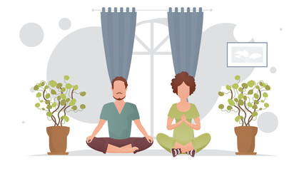 The guy and the girl are meditating in the room. Meditation. Cartoon style.
