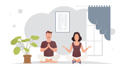 A man and a woman meditate in the lotus position in the room. Meditation. Cartoon style.