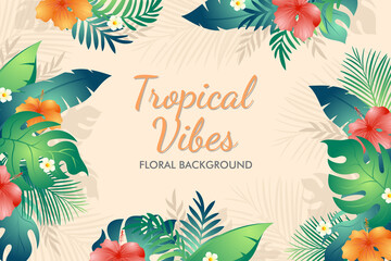 Beautiful Summer tropical leaves and plant vector background - obrazy, fototapety, plakaty