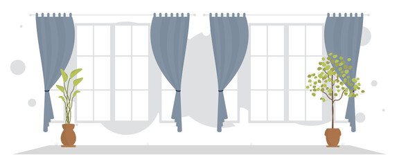 Wide room with indoor plant. Room design Cartoon style.