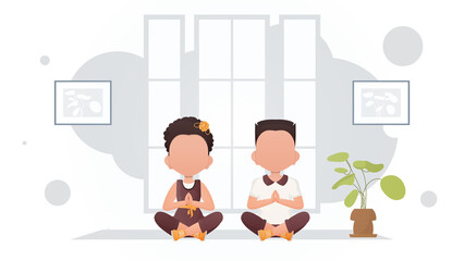 Children meditate in the room. Yoga. Cartoon style.