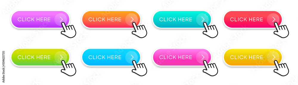 Fototapete Click here web buttons with hand cursor. Set of action button click here with arrow pointer. Click button. Modern action button mouse click symbol. Computer mouse click cursor or Hand pointer symbol.