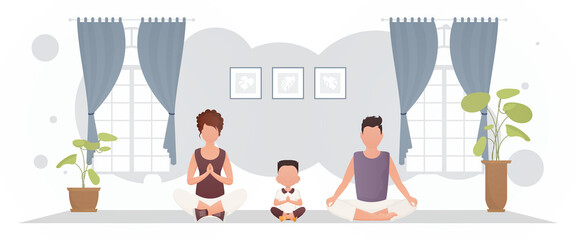 Strong build guy with a beautiful girl and a cute little boy are meditating in the room. Yoga. Cartoon style.