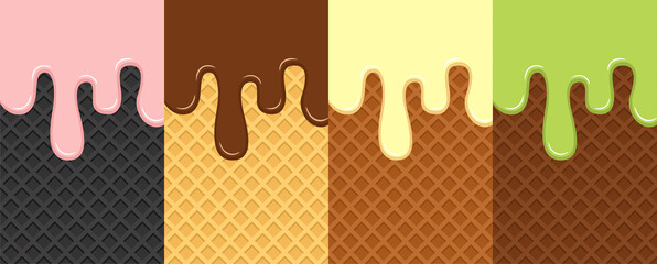 Set of waffles with flowing ice cream. Yellow, brown and black waffles. Pink, chocolate, vanilla, green ice cream. Flat vector illustration