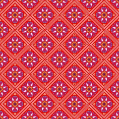 Geometric ethnic pattern design for carpet, wallpaper, clothing, wrapping, batik, fabric, illustration embroidery style,  red background.