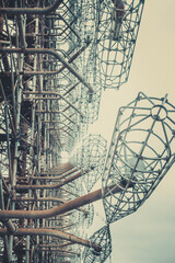 Rusty old children's machine in an abandoned amusement park in carting, the ghost town of Pripyat,...