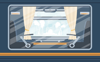 Windows of an empty commuter train. Rail transport is shown outside. Cartoon style. Flat style.