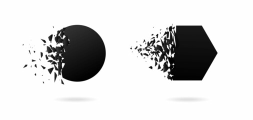 Black hexahedron, circle with explosion effect on white background with debris.