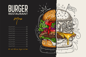 Restaurant brochure vector, menu design. Vector cafe template with hand-drawn graphic. Food flyer. - obrazy, fototapety, plakaty
