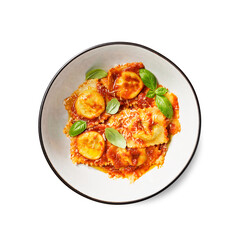 Homemade italian ravioli pasta, stuffed with spinach and ricotta ,served with tomato sauce, parmesan cheese and fresh basil leaves . isolated on white background, top view