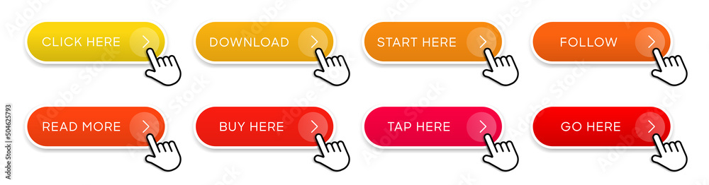 Fototapete Click here web buttons with hand cursor. Set of action button read more with arrow pointer. Click button. Modern action button mouse click symbol. Go buy follow download button.