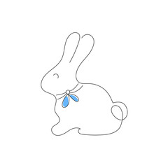 Cute rabbit with a blue bow on a white background. Thin line outline style. Minimalistic design. Vector illustration. - 504625715