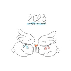 Two cute rabbits with bows give each other a gift on a white background. Symbol of the new year 2023. Thin line outline style. Minimalistic design. Postcard Happy New Year. Vector illustration. - 504625718