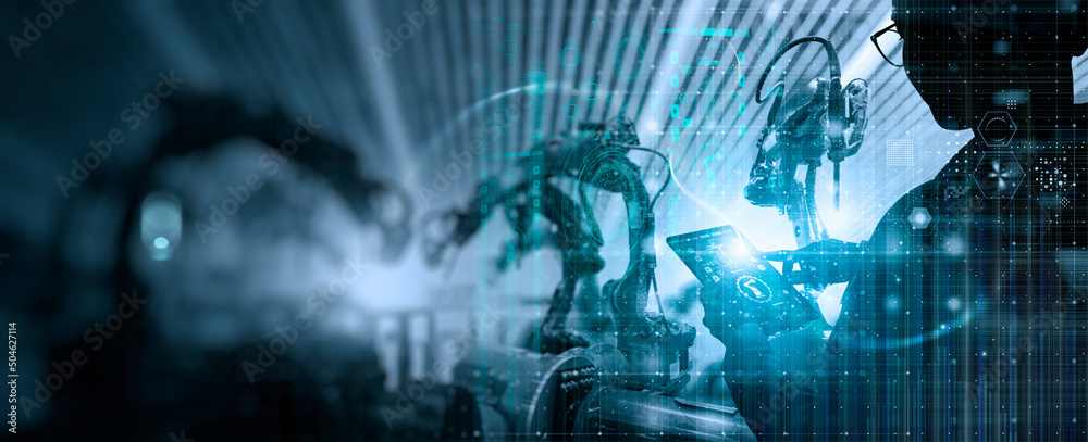 Aufkleber Factory Female Industrial Engineer working digital tablet control automation robot arms machine in intelligent factory industrial on real time monitoring system software.Digital future manufacture.