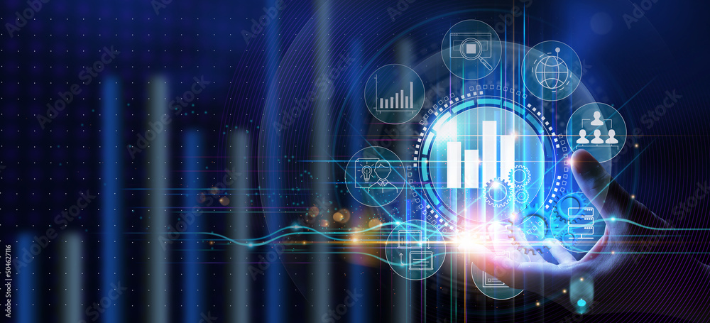 Poster business hand worker holding business analytics big data analysis technology future concept on vr sc