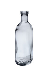 Empty, open bottle made of transparent glass. For non-alcoholic, carbonated refreshing drinks. Isolated on a white background, asymmetrical shape