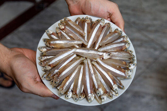 Raw fish,A manjuba, pititinga, ginga or manjubinha (Anchoviella lepidentostole), tropical freshwater fish. On the hands