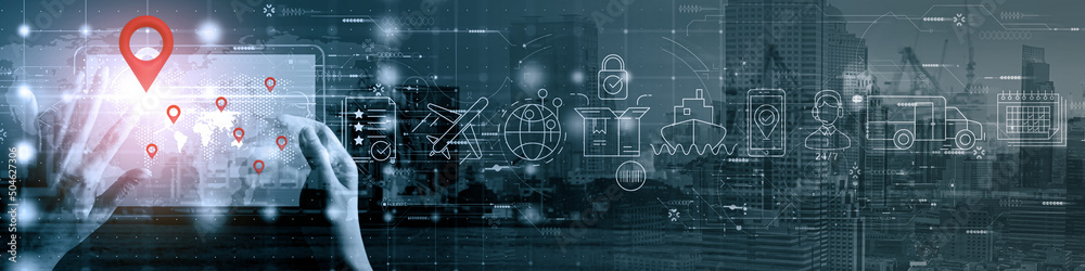 Poster businesswoman hand using digital tablet computer of global logistics network distribution and transp