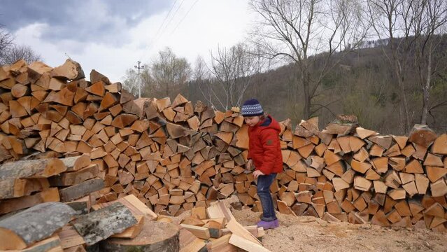 Cute little girl in a red jacket stacks firewood outdoors. Child helps with the chore of stacking firewood. High quality 4k footage