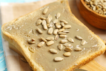 Organic toast bread with healthy organic sunflower seed butter.