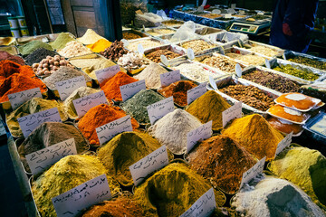 Street market stall selling herbals and spices at Suq Al Hamidiyah in Damascus