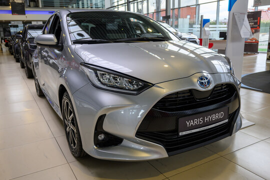 Chwaszczyno, Poland - May 14, 2022: New model of Toyota Yaris Hybrid presented in the car showroom