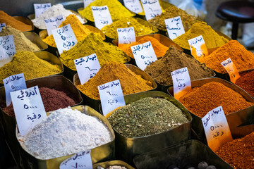 Herbals  and spices at food market stall (Suq Al Hamidiyah) in Damascus © hanohiki