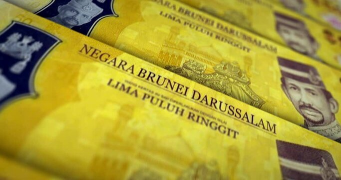 Brunei dollar banknote loop. BND money texture. Concept of economy, business, crisis, banking, recession, debt and finance. Moving over note. Loopable seamless 3d animation.